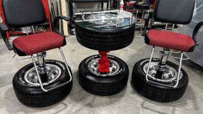 Custom Corvette Wheel Table & Hydraulic Barber Chairs Set